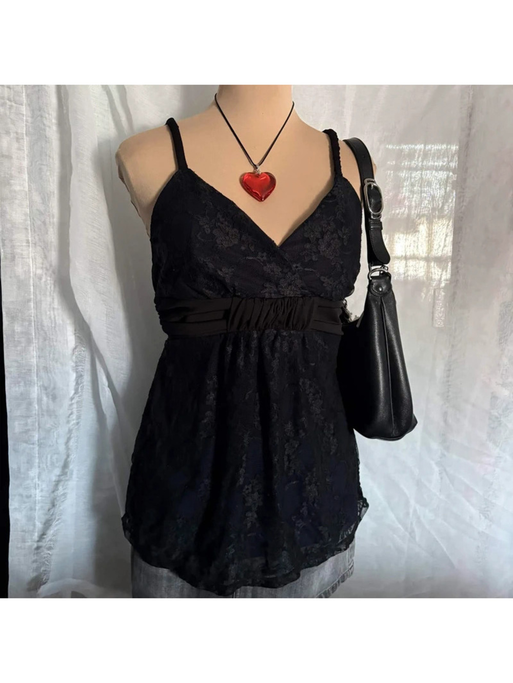 black and blue lace tieback top